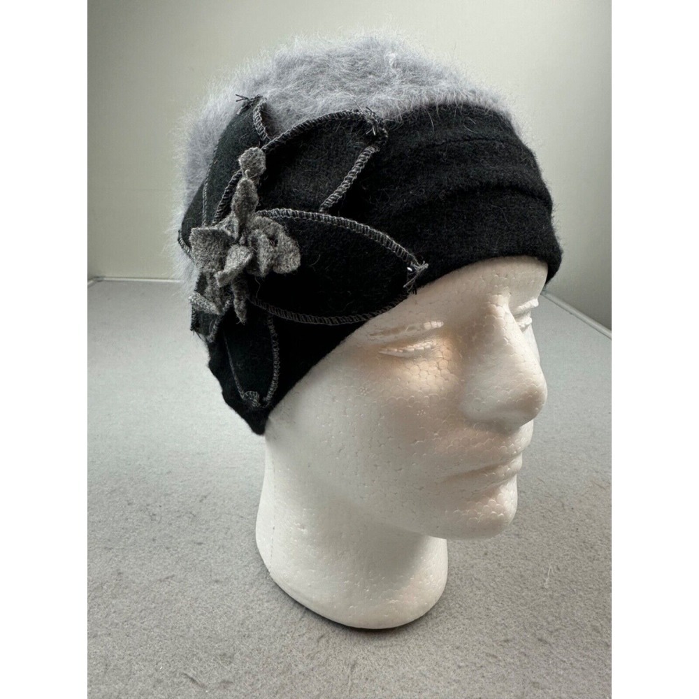 C.C. Exclusives Black Gray Angora Wool Cap Slouchy Fuzzy Winter Hat Flower